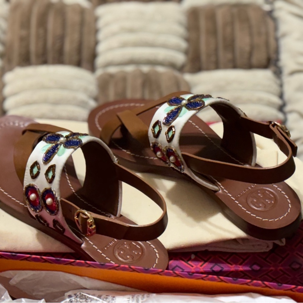 Tory Burch Brown and White Embellished Sandals